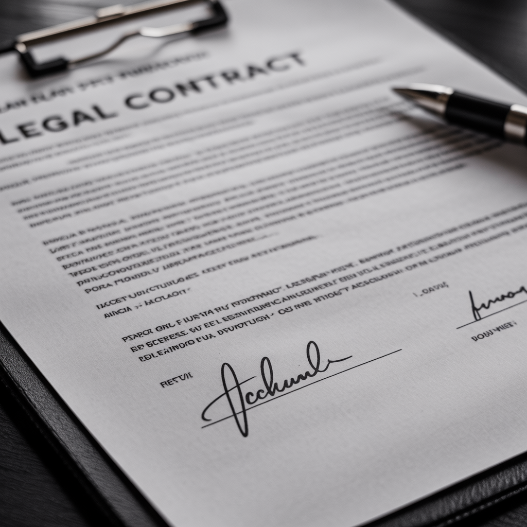 grayscale close up of a signed legal contract showing terms, highly professional, no humans